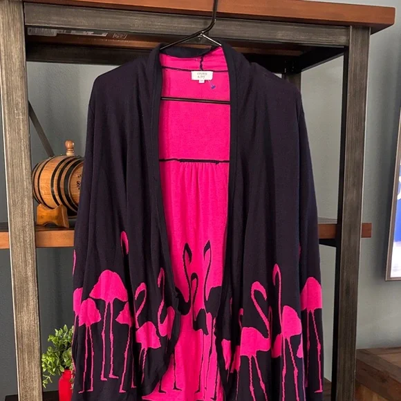 Crown & Ivy Blue and Pink Flamingo Sweater open cardigan - Picture 2 of 5